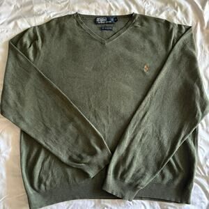 Polo Ralph Lauren olive V-Neck Sweater Pima Cotton Preppy Collegiate y2k varsity